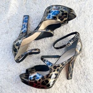 Via Spiga: Metallic Leopard Print Peep Toe D'Orsay Ankle Strap Platform Heels
